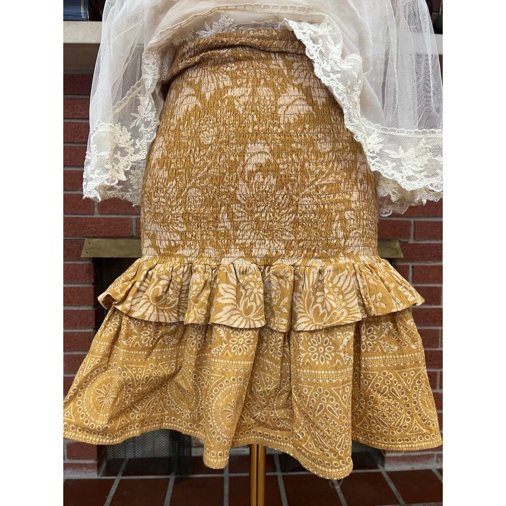 Spell & The Gypsy Lioness Ruched Mini Skirt Ruffle Smocked Caramel Tan XS